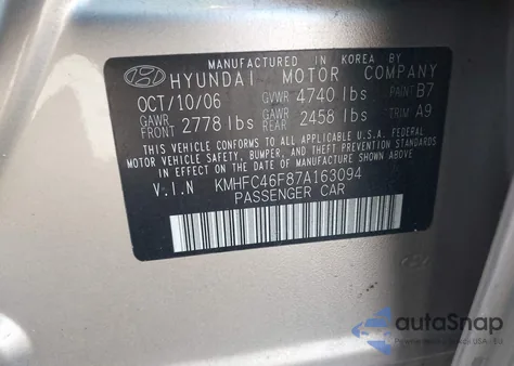 2007 Hyundai Azera Limited/Se из США, поврежденный, VIN KMHFC46F87A163094